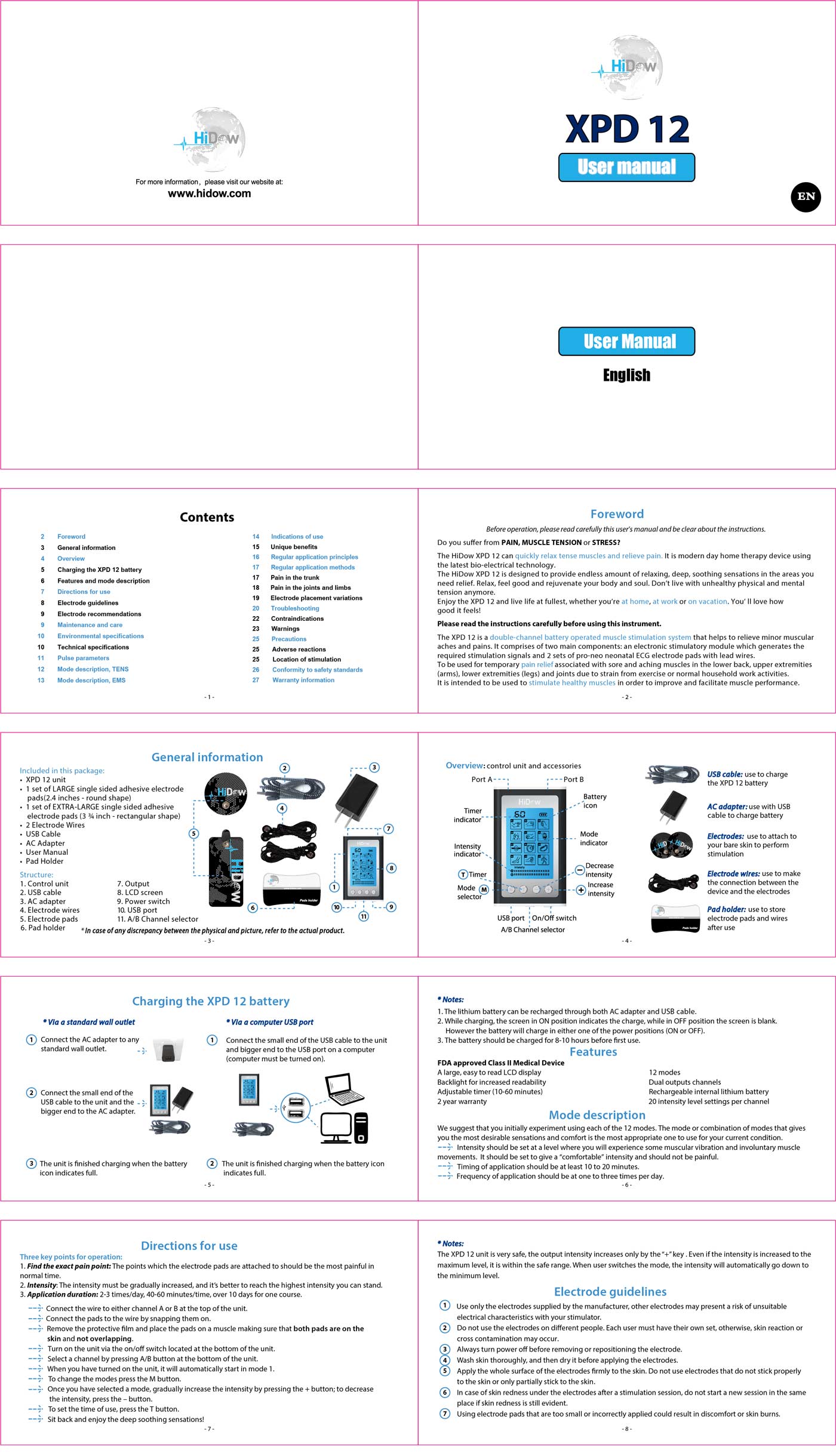  HiDow XPD Dual Channel TENS EMS Unit 12 Modes Muscle