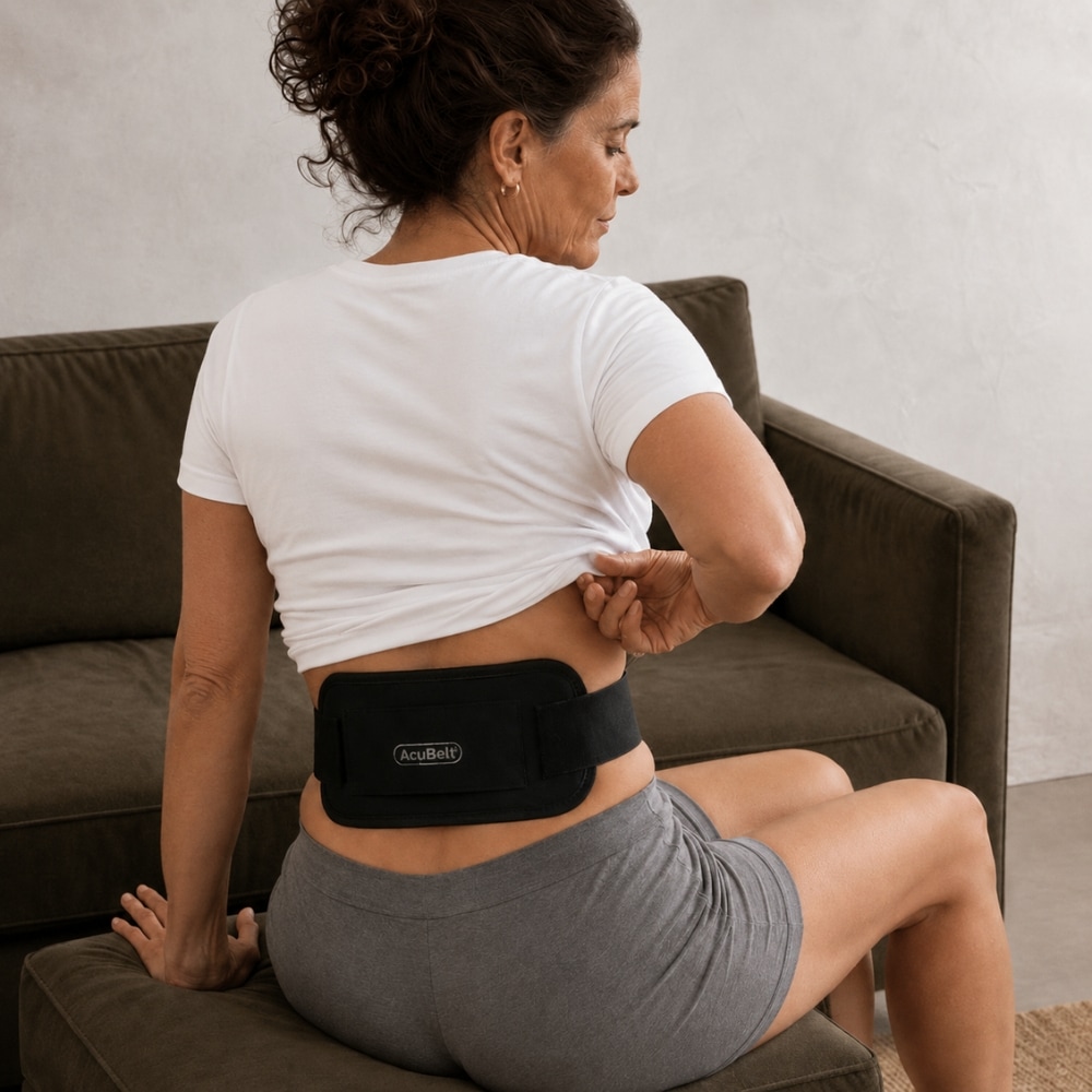 Woman wearing a HiDow AcuBelt on her lower back